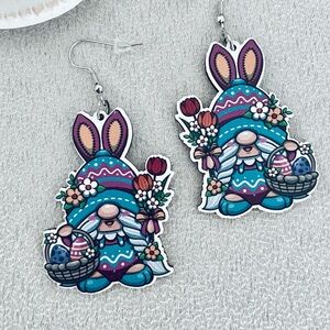 Bunny Gnome with basket wooden earrings